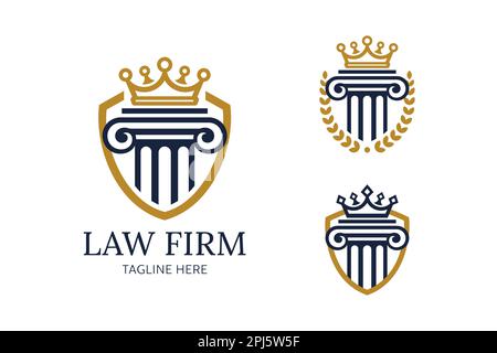 Law firm vector logo set. Columns-pedestals with crowns. Law logo for justice, lawyer, law firm company or person. Vector EPS 10. Isolated on a white Stock Vector