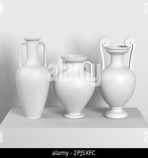 Three ancient Greek white vases without drawings or ornaments stand on a pedestal on a white background. 3d render. Stock Photo