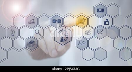 Symbol photo for Artificial Intelligence - AI - that generates text. Human as photo in background selects symbols with fingers pointing. Stock Photo