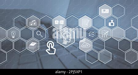 Symbol photo for the use of AI - Artificial Intelligence. Laptop in background with icons for text, image, translation and search. Stock Photo