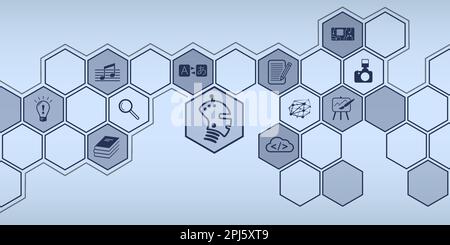 Graphic for the use of AI - Artificial Intelligence. Icons in vector format in a network of honeycombs in blue. Stock Vector