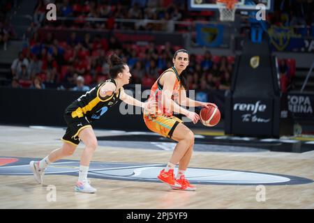 Melisa Paola Gretter of Movistar Estudiantes (L) and Elena Buenavida of Valencia Basket (R) in action during the Quarterfinals of the Queen's Cup between Valencia Basket and Movistar Estudiantes at Pavilion Principe Felipe. Final score; Valencia Basket 69:56 Movistar Estudiantes. (Photo by Vicente Vidal Fernandez / SOPA Images/Sipa USA) Stock Photo