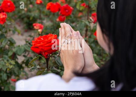 Over the shoulder view of a praying woman with folded palms of her hands with a rosary on a background of red roses, selective focus. Stock Photo