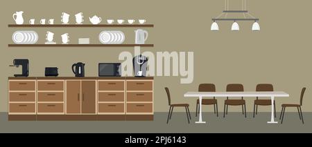 Office kitchen. Break room. Dining room in the office. There are kitchen cabinets, a table, chairs, a microwave, a black kettle, dishes and a coffee m Stock Vector