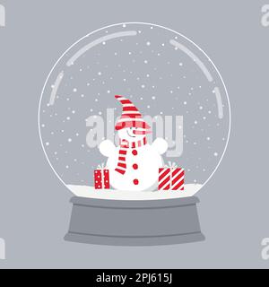 Snowman with gifts in a glass snow globe. Christmas souvenir. Vector illustration on a gray background Stock Vector