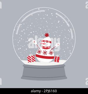 Snowman in red winter clothes with gifts in a glass snow globe. Christmas souvenir. Vector illustration on a gray background Stock Vector