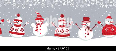 snowmen rejoice in winter holidays. Seamless border. Christmas background. Five different snowmen in red winter clothes under the snow. template for a Stock Vector