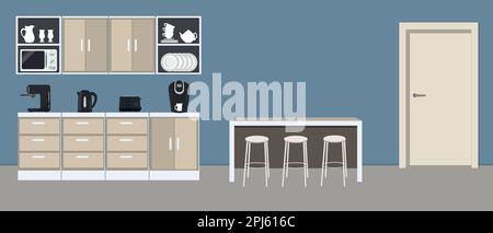 Office kitchen. Break room. Dining room in the office. There are kitchen cabinets, a table, chairs, a microwave, a black kettle, a toaster Stock Vector