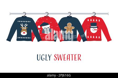 Ugly Sweaters on hangers. There are red and blue Christmas sweaters with deer, snowman, owl, gingerbread man in the picture. Vector illustration Stock Vector