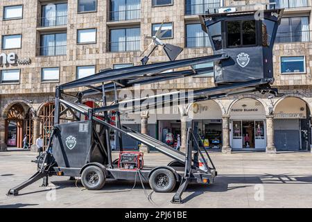 Guadalajara, Jalisco Mexico. February 4, 2023. Police security mobile tower on pedestrian sidewalk controlling security at historic city center, build Stock Photo