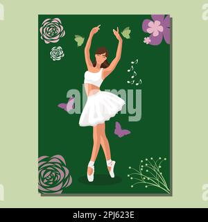 Caucasian white faceless ballerina in a white tutu and pointe shoes dancing on a green poster with flowers and butterflies. Vector illustration in flat style Stock Vector