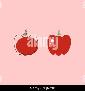 Red bell pepper outline vector illustration, black line icon, linear sign isolated on red background Stock Vector