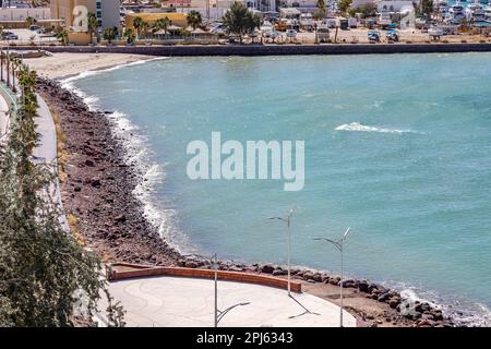 Mexican beach landscape, Mirador del Ruso and boardwalk with palm trees, Marina Atalanta in background, view from Los Delfines touristic viewpoint, su Stock Photo