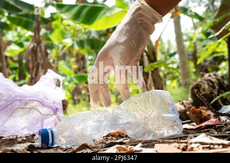 People pick up plastic bottles into garbage bags. agriculture and climate change, microplastic waste. food and plastic packaging industry Stock Photo