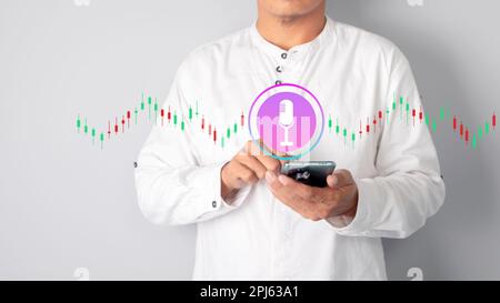 Businessmen using smartphones. Remote marketing online customer support concept, call centre and help. Customer service landing page. Stock Photo