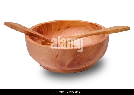 Wooden bowl with fork and spoon isolated on white background Stock Photo