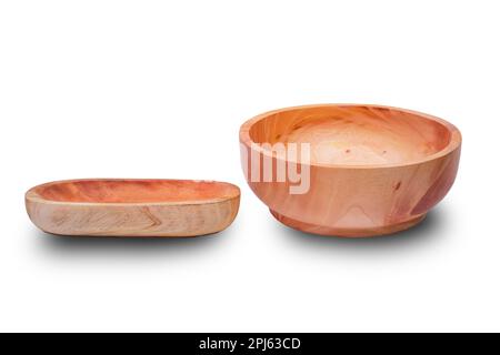 Round wooden bowl with oblong wooden bowl on white background Stock Photo