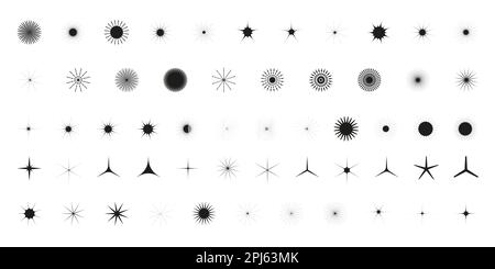 Simple minimalistic black elements, abstract brutalist geometric shapes. Basic form Y2K figure star, sun, sparkle, crystal, snowfalke. Swiss primitive Stock Vector