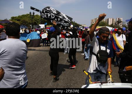 Maracaibo, Venezuela. 30th Mar, 2023. Teachers, pensioners, the health sector and retirees march in protest to the State Governor's Office demanding better wages in Maracaibo, Venezuela, on March 30, 2023.More than 8 regional Unions participated in the demonstration, called “Worker's Via Crucis” as a prelude to the Easter holiday. (Photo by Humberto Matheus/Sipa USA) Credit: Sipa USA/Alamy Live News Stock Photo