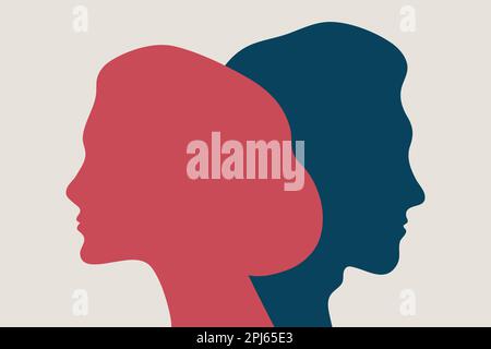 Сoncept of divorce, quarrel between man and woman. Male and female profiles. Family relationships break up, hatred Stock Vector