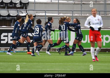 Linkoping, Sweden. 31st Mar, 2023. Linkoping Arena, Linkoping, Sweden, March 31st 2023: Linkoping FC celebrates goal during the game in the Swedish League OBOS Damallsvenskan on March 31st 2023 between Linkoping FC and FC Rosengard at Linkoping Arena in Linkoping, Sweden (Peter Sonander/SPP) Credit: SPP Sport Press Photo. /Alamy Live News Stock Photo