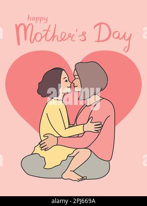 Mother’s Day greeting card with a child sitting on mother’s knees. Daughter and mom together. Vector art Stock Vector