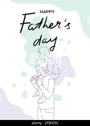 Father’s Day greeting card with a child sitting on his father’s shoulders. Dad and son together. Vector art Stock Vector