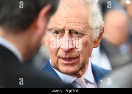 Hamburg, Germany. 31st Mar, 2023. King Charles III of Great Britain speaks with guests during the ceremonial reception hosted by the British Embassy at Schuppen 52. The reception marks the end of a three-day visit to Germany by the British King and his wife. Credit: Jonas Walzberg/dpa/Alamy Live News Stock Photo