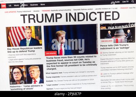 'Trump Indicted' headline on The CNN website with breaking news of the indictment of Fm President Donald Trump, 31st March 2023. Stock Photo