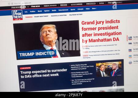 'Trump indicted' headline on the Fox News website with breaking news of the indictment of Fm President Donald Trump, 31st March 2023. Stock Photo