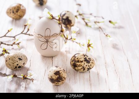 Easter eggs on with cherry branch. Easter decoration with copy space Stock Photo