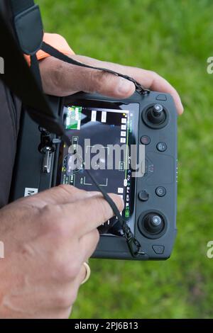 Man operating drone controller with monitor to locate roe deer fawns hidden in grass with thermal imaging camera before mowing grassland in spring Stock Photo