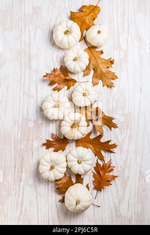 Happy thanksgiving - still life with white pumpkins and autumn leaves on white wooden background Stock Photo