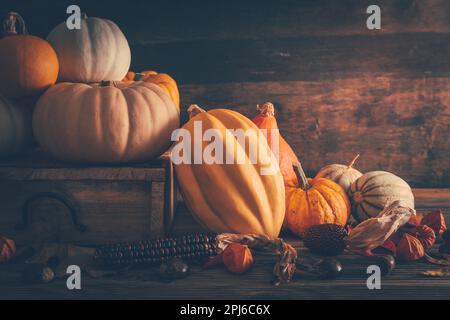 Happy thanksgiving - still life with different pumpkins and autumn leaves on wooden background Stock Photo