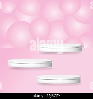 3d background products display podium with platform. White and pink geometric platform with circle overlap backdrop, cosmetic product on podium 3d. EP Stock Vector