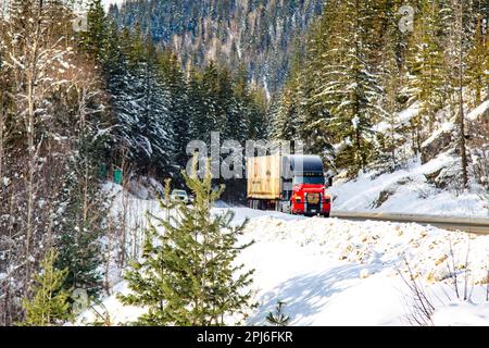 Truck on the Trans-Canada Highway near Revelstoke, British Columbia, Canada Stock Photo