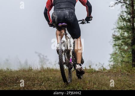 back male mountain bike cyclist riding on forest trail, drops dirt on bike and clothes, race in cloudy weather Stock Photo