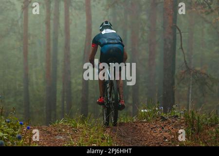 back male cyclist riding cross-country cycling, mountainbike competition race, mysterious misty forest Stock Photo
