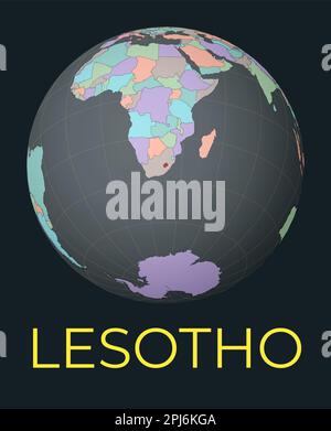 World map centered on Lesotho. Red country highlighted. Satellite world view centered on the country with name. Vector illustration. Stock Vector