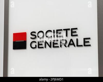 Societe Generale (SocGen) logo sign of the French bank. Commercial banking business in Europe. The financial service is systemically relevant. Stock Photo