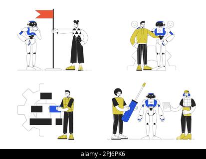 Developing artificial intelligence technologies line concept vector spot illustration pack Stock Vector