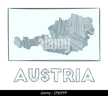 Sketch map of Austria. Grayscale hand-drawn map of the country. Filled regions with hachure stripes. Vector illustration. Stock Vector