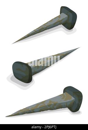 Set of three old rusty nails in cartoon style on white background. Stock Vector
