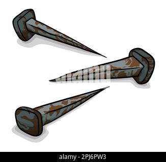 Set with three rusty old nails. Cartoon style design on white background. Stock Vector