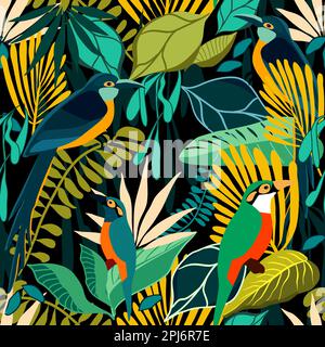 Seamless floral pattern with tropical birds in a rainforest vector illustration Stock Vector