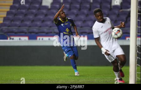 Brussels, Belgium. 31st Mar, 2023. Beveren's Bruny Nsimba celebrates after scoring during a soccer match between RSCA Futures (Anderlecht U23) and SK Beveren, Friday 31 March 2023 in Brussels, on day 5 (out of 10) of the Promotion Play-Offs of the 2022-2023 'Challenger Pro League' 1B second division of the Belgian championship. BELGA PHOTO VIRGINIE LEFOUR Credit: Belga News Agency/Alamy Live News Stock Photo