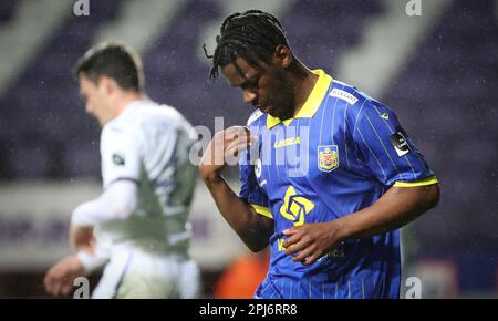 Brussels, Belgium. 31st Mar, 2023. Beveren's Bruny Nsimba celebrates after scoring during a soccer match between RSCA Futures (Anderlecht U23) and SK Beveren, Friday 31 March 2023 in Brussels, on day 5 (out of 10) of the Promotion Play-Offs of the 2022-2023 'Challenger Pro League' 1B second division of the Belgian championship. BELGA PHOTO VIRGINIE LEFOUR Credit: Belga News Agency/Alamy Live News Stock Photo