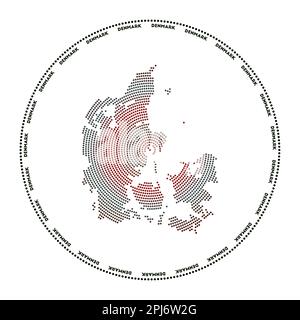 Denmark round logo. Digital style shape of Denmark in dotted circle with country name. Tech icon of the country with gradiented dots. Stock Vector