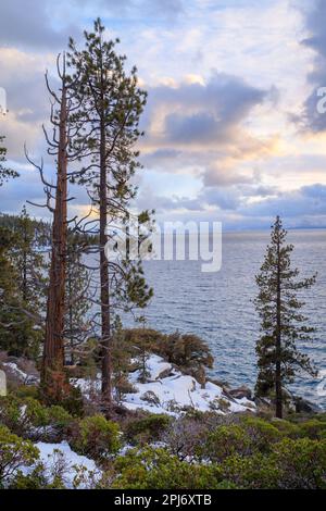 Lake Tahoe captured under dramatic skies with pine forests and snow capped mountains Stock Photo