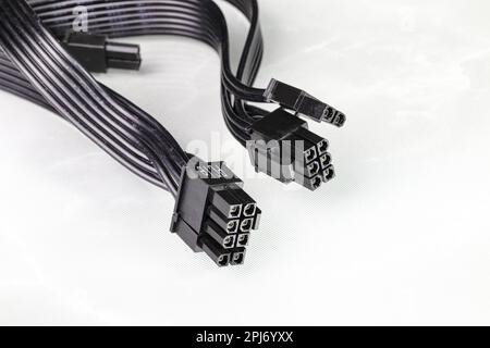 8 pins connector of the power supply wire for video card, additional power 6+2, mining, selection of the PSU power supply on reflection surface. Stock Photo